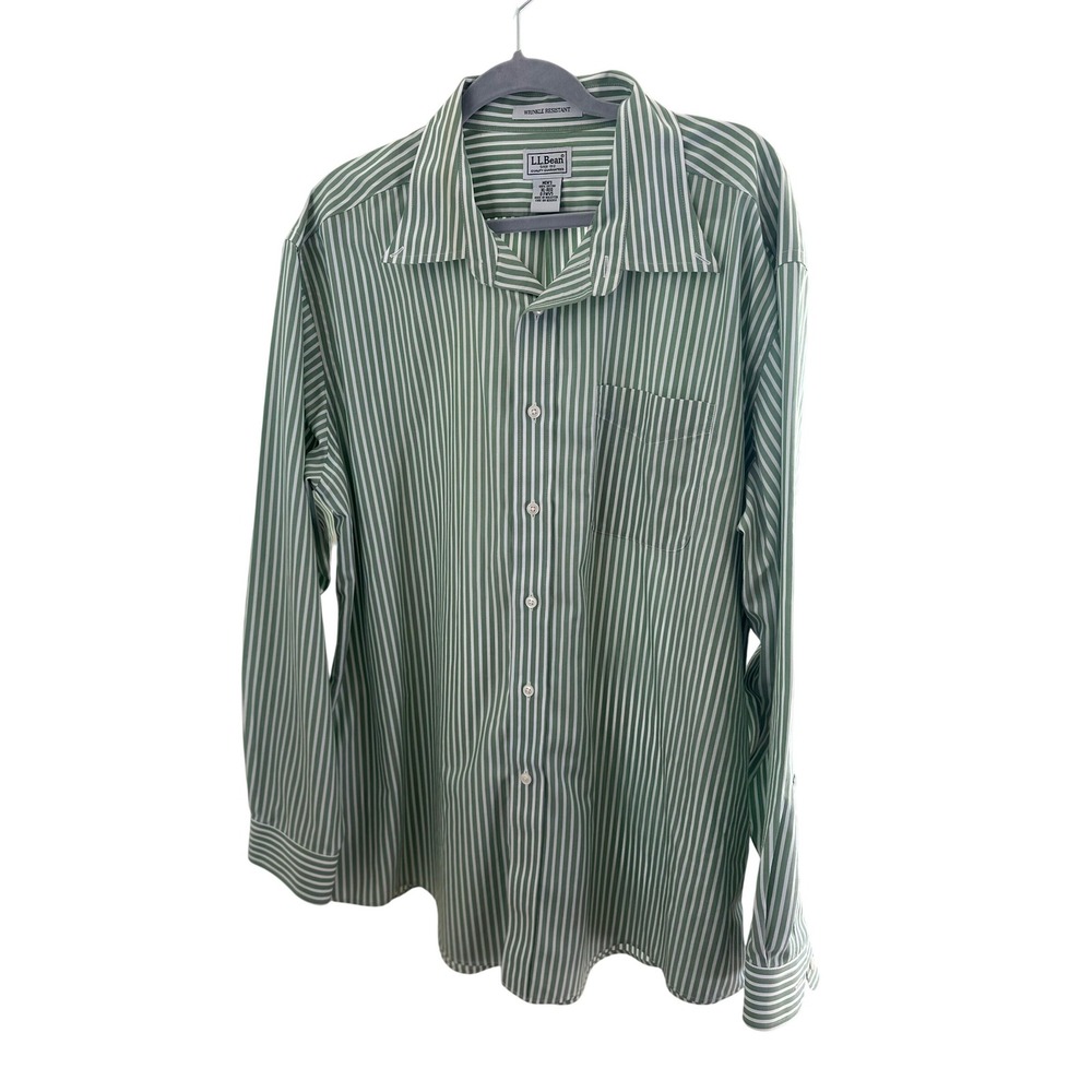 LL Bean Sage Green White Striped Wrinkle Resistant Cotton Button Down Shirt XL